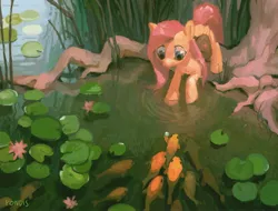 Size: 2048x1556 | Tagged: safe, artist:kaermter, derpibooru import, fluttershy, fish, goldfish, pegasus, pony, bag, dolbolen challenge, female, folded wings, looking at something, mare, outdoors, pearl, pond, reed, reflection, roots, saddle bag, school of fish, solo, tree, water, water lily, water rings, wings