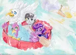 Size: 1742x1267 | Tagged: safe, artist:reallycoykoifish, derpibooru import, amethyst star, oc, oc:der, oc:evening breeze, oc:gyro feather, oc:gyro tech, oc:tinisparkler, changeling, gryphon, pony, unicorn, female, griffonized, island, male, rapids, scar, species swap, sun, water