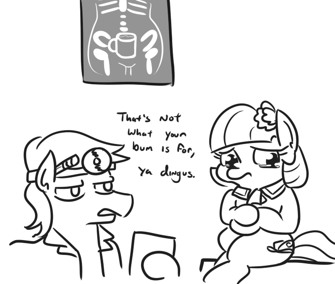 Size: 679x576 | Tagged: suggestive, artist:jargon scott, derpibooru import, coco pommel, earth pony, pony, coco is an anal slut, cocobetes, coffee mug, cute, dingus, doctor, duo, embarrassed, female, grayscale, hoof hold, implied anal insertion, implied insertion, looking away, male, mare, monochrome, mug, sad, sadorable, stallion, teary eyes, x-ray, x-ray picture