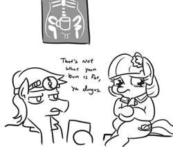 Size: 679x576 | Tagged: suggestive, artist:jargon scott, derpibooru import, coco pommel, earth pony, pony, coco is an anal slut, cocobetes, coffee mug, cute, dingus, doctor, duo, embarrassed, female, grayscale, hoof hold, implied anal insertion, implied insertion, looking away, male, mare, monochrome, mug, sad, sadorable, stallion, teary eyes, x-ray, x-ray picture