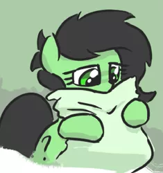 Size: 687x732 | Tagged: safe, artist:plunger, derpibooru import, oc, oc:anonfilly, unofficial characters only, pony, female, filly, green background, hug, looking down, pillow, question mark, simple background, snuggling, solo