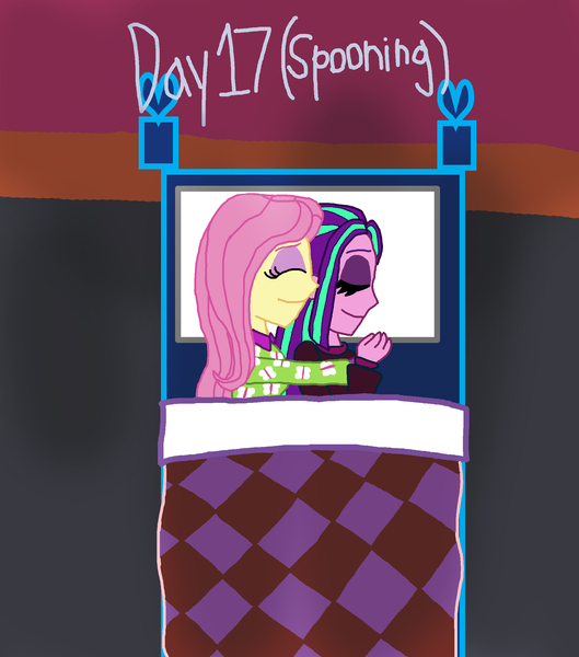 Size: 2000x2267 | Tagged: safe, artist:bigpurplemuppet99, derpibooru import, aria blaze, fluttershy, equestria girls, 30 day otp challenge, ariashy, bed, cuddling, female, flutterblaze, lesbian, shipping, spooning