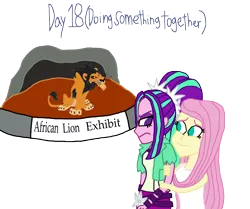 Size: 2000x1673 | Tagged: safe, artist:bigpurplemuppet99, derpibooru import, aria blaze, fluttershy, equestria girls, 30 day otp challenge, ariashy, female, flutterblaze, lesbian, scar, shipping, the lion king, zoo