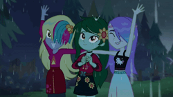 Size: 800x450 | Tagged: safe, derpibooru import, screencap, derpy hooves, snow flower, wallflower blush, equestria girls, equestria girls series, let it rain, spoiler:eqg series (season 2), animated, arm around back, clothes, cloud, cute, dripping, eyes closed, female, flowerbetes, freckles, gif, grass, hair ornament, hair over one eye, looking at someone, midriff, music festival outfit, outdoors, rain, sleeveless, smiling, tanktop, tree, trio, trio female, waving, wet, wet hair