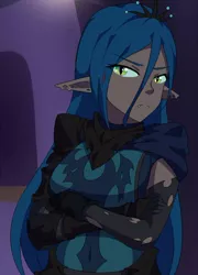 Size: 500x693 | Tagged: anime, artist:jonfawkes, clothes, crossed arms, cute, cutealis, cute little fangs, derpibooru import, elf ears, fangs, female, human, humanized, queen chrysalis, safe, scene interpretation, solo, the summer sun setback, unamused