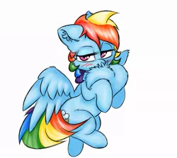 Size: 947x844 | Tagged: safe, artist:rurihal, derpibooru import, rainbow dash, pegasus, pony, blushing, chest fluff, ear fluff, impossibly large chest fluff, lidded eyes, simple background, solo, white background