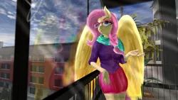 Size: 1192x670 | Tagged: 3d, alternate hairstyle, anthro, artist:zsnowfilez, derpibooru import, fluttershy, hipstershy, reflection, safe, solo