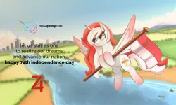 Size: 2048x1229 | Tagged: safe, artist:pone177, derpibooru import, rarity, oc, oc:indonisty, pony, flag, flying, independence day, indonesia, indonesian independence day, jakarta, nation ponies, nusaponycon, river