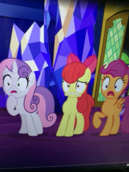 Size: 3024x4032 | Tagged: safe, derpibooru import, screencap, apple bloom, scootaloo, sweetie belle, pegasus, pony, unicorn, growing up is hard to do, spoiler:s09, cutie mark, cutie mark crusaders, distorted, older, older apple bloom, older cmc, older scootaloo, older sweetie belle