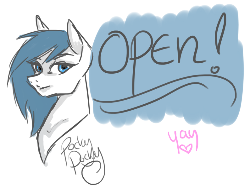 Size: 1239x935 | Tagged: safe, artist:pockypocky, derpibooru import, oc, oc:pocky, pony, announcement, art, bust, cheap, clean, color, commission, doodle, food, line, loose, pocky, portrait, quick, sketch, solo, stylised, yay