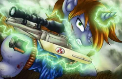 Size: 1400x900 | Tagged: safe, artist:jeffk38uk, derpibooru import, oc, oc:littlepip, unofficial characters only, pony, unicorn, fallout equestria, fanfic, ashes of equestria, blood, blood stains, clothes, cloud, cloudy, combat, cut, fallout, fanfic art, female, fight, glowing horn, gritted teeth, gun, handgun, hooves, horn, levitation, little macintosh, magic, mare, optical sight, overmare studios, pipbuck, revolver, scope, solo, telekinesis, vault suit, wasteland, weapon