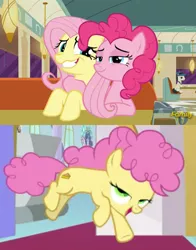 Size: 645x824 | Tagged: safe, derpibooru import, edit, edited screencap, screencap, fluttershy, li'l cheese, lucky breaks, pinkie pie, pony, the last problem, the saddle row review, background pony, comic, discovery family logo, female, flutterpie, lesbian, like mother like child, looking at you, magical lesbian spawn, mother and child, offspring, prancing, screencap comic, shipping, side hug, smug, uncomfortable