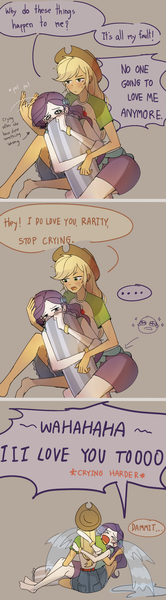 Size: 998x3600 | Tagged: safe, artist:tcn1205, derpibooru import, applejack, rarity, equestria girls, ..., comic, crying, cute, drama queen, female, jackabetes, lesbian, marshmelodrama, pat, pillow, raribetes, rarijack, rarity being rarity, shipping, wahaha