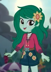 Size: 372x523 | Tagged: safe, derpibooru import, screencap, wallflower blush, equestria girls, equestria girls series, let it rain, spoiler:eqg series (season 2), clothes, cropped, cute, female, flower, flower in hair, flowerbetes, freckles, hnnng, looking at you, music festival outfit, shorts, smiling, solo