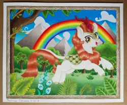 Size: 3580x2947 | Tagged: safe, artist:maximustimaeus, derpibooru import, autumn blaze, pony, cloud, colored pencil drawing, female, fern, flower, foal's breath, happy, hooves, horn, leaping, mountain, rainbow, scales, solo, traditional art, tree, tree branch, vector used