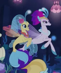 Size: 378x452 | Tagged: cropped, crown, derpibooru import, female, fins, fin wings, fish tail, flower, flower in hair, jewelry, like mother like daughter, mother and child, mother and daughter, my little pony: the movie, princess skystar, queen novo, regalia, safe, screencap, seapony (g4), seaquestria, show accurate, tail, the ending of the end, underwater, wings