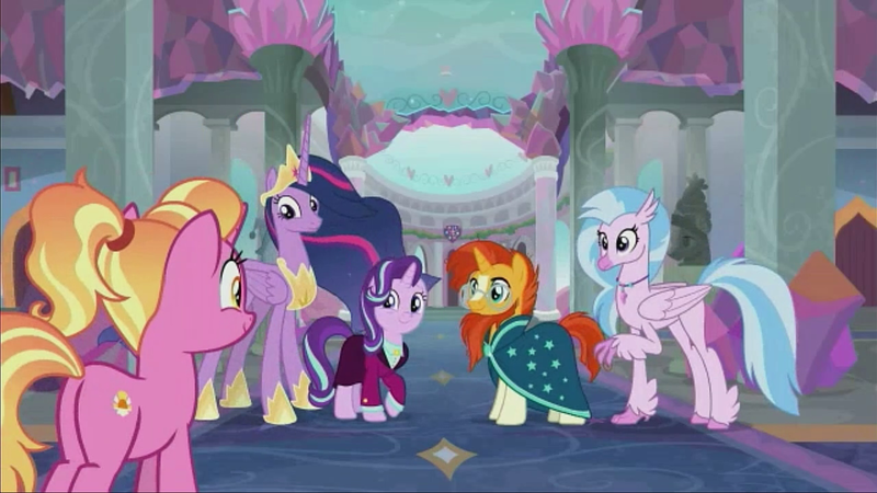 Size: 1280x720 | Tagged: safe, derpibooru import, screencap, luster dawn, princess twilight 2.0, silverstream, starlight glimmer, sunburst, twilight sparkle, twilight sparkle (alicorn), alicorn, classical hippogriff, hippogriff, pony, unicorn, the last problem, female, headmare starlight, male, mare, older, older silverstream, older starlight glimmer, older sunburst, school of friendship, stallion, sunburst the bearded