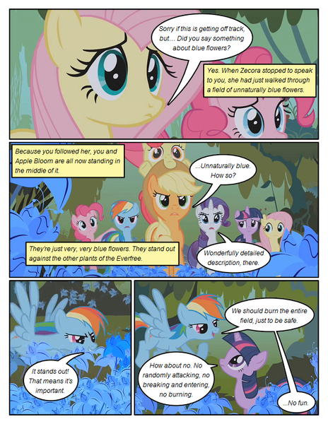 Size: 612x792 | Tagged: safe, artist:newbiespud, derpibooru import, edit, edited screencap, screencap, apple bloom, applejack, fluttershy, pinkie pie, rainbow dash, rarity, twilight sparkle, pony, unicorn, comic:friendship is dragons, bridle gossip, bow, comic, dialogue, female, filly, flower, flying, hair bow, hat, implied zecora, mane six, mare, poison joke, ponies riding ponies, riding, screencap comic, unicorn twilight