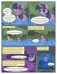 Size: 612x792 | Tagged: safe, artist:newbiespud, derpibooru import, edit, edited screencap, screencap, applejack, twilight sparkle, pony, unicorn, comic:friendship is dragons, bridle gossip, bed, comic, dialogue, eyes closed, female, flower, freckles, golden oaks library, hat, implied zecora, mare, poison joke, screencap comic, sleeping, unicorn twilight