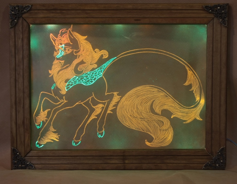 Size: 1849x1436 | Tagged: acrylic plastic, acrylight, artist:bootsdotexe, artist:irfp250n, autumn blaze, awwtumn blaze, cloven hooves, colored hooves, craft, cute, derpibooru import, engraving, female, kirin, led, leonine tail, long tail, mare, open mouth, safe, smiling, solo, sound of silence, unshorn fetlocks