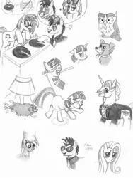 Size: 1645x2187 | Tagged: safe, artist:dani-claw, derpibooru import, derpy hooves, fancypants, fluttershy, neon lights, owlowiscious, princess luna, rising star, twilight sparkle, vinyl scratch, pony, dancing, female, filly, male, pencil drawing, shipping, sketch, straight, traditional art, vinylights, woona, younger