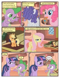 Size: 612x792 | Tagged: safe, artist:newbiespud, derpibooru import, edit, edited screencap, screencap, applejack, fluttershy, pinkie pie, rarity, spike, twilight sparkle, dragon, earth pony, pegasus, pony, unicorn, comic:friendship is dragons, bridle gossip, book, comic, dialogue, female, freckles, frown, golden oaks library, hat, laughing, male, mare, messy mane, micro, screencap comic, slit eyes, tongue out, unamused, unicorn twilight