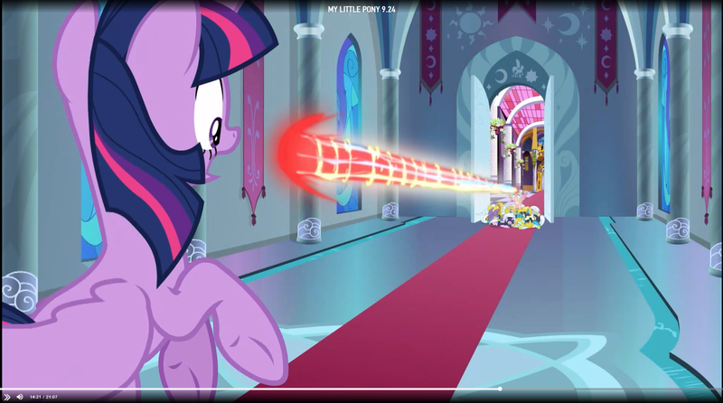 Size: 1731x964 | Tagged: safe, derpibooru import, screencap, cozy glow, twilight sparkle, twilight sparkle (alicorn), alicorn, pony, the ending of the end, leak, alicornified, blast, canterlot, canterlot castle, cozy glow is best facemaker, cozycorn, magic, magic blast, race swap, royal guard, shocked, shocked expression, throne room