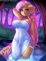 Size: 1200x1600 | Tagged: suggestive, alternate version, artist:twistedscarlett60, derpibooru import, fluttershy, anthro, bat pony, pegasus, adorasexy, arm behind head, armpits, beautiful, beautisexy, blushing, breasts, busty fluttershy, clothes, cute, dress, female, floppy ears, flower, flower in hair, flower in tail, flutterbat, fog, garter, long mane, looking at you, mare, nature, outdoors, pond, race swap, see-through, sexy, shyabetes, side slit, solo, tree, water