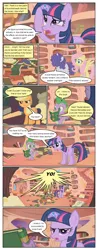 Size: 612x1554 | Tagged: safe, artist:newbiespud, derpibooru import, edit, edited screencap, screencap, applejack, fluttershy, rarity, spike, twilight sparkle, dragon, earth pony, pegasus, pony, unicorn, comic:friendship is dragons, bridle gossip, book, comic, dialogue, female, floppy horn, golden oaks library, hat, horn, male, mare, messy mane, micro, reading, screencap comic, talking book, unicorn twilight