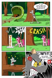 Size: 730x1095 | Tagged: safe, artist:cartoon-eric, derpibooru import, pinkie pie, oc, oc:fred wolfbane, earth pony, pony, wolf, comic:pink. it's what's for dinner, angry, circling stars, comic, cross-popping veins, dizzy, female, food, forest, head lump, mare, muffin, piranha plant, sharp teeth, stars, teeth, wingding eyes