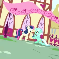 Size: 542x542 | Tagged: safe, derpibooru import, screencap, bon bon, lyra heartstrings, sweetie drops, earth pony, pony, unicorn, the big mac question, background characters doing background things, background pony, box, canon ship, cropped, duo, dutch angle, engagement, engagement ring, female, it finally happened, it happened, jewelry, kneeling, lesbian, lyrabon, mare, marriage proposal, pony history, raised hoof, ring, shipping