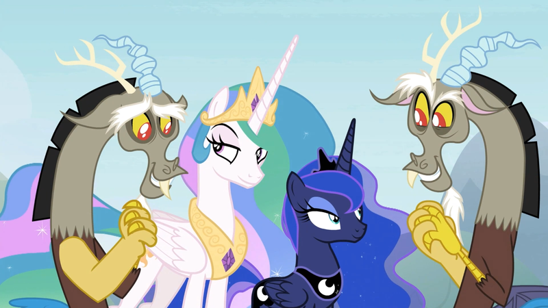 Size: 1920x1080 | Tagged: safe, derpibooru import, screencap, discord, princess celestia, princess luna, alicorn, draconequus, pony, the ending of the end, leak, cute, discute, female, male, puppy dog eyes, trio