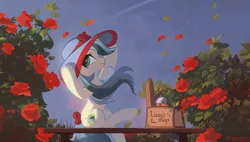 Size: 3000x1700 | Tagged: safe, artist:freeedon, derpibooru import, oc, unofficial characters only, earth pony, pony, bench, bow, commission, female, flower, garden, hat, mare, outdoors, profile, rose, rose garden, rose petals, shopping bags, sitting, smiling, solo, sun hat, tail bow, windswept mane, ych result