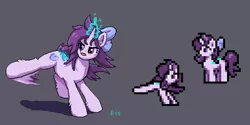 Size: 512x256 | Tagged: safe, artist:bitassembly, derpibooru import, oc, oc:amethyst heartstone, unofficial characters only, pony, unicorn, bow, female, glowing horn, heterochromia, horn, kick, mare, pixel art, simple background, sprite