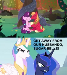 Size: 1920x2152 | Tagged: safe, derpibooru import, edit, edited screencap, screencap, big macintosh, princess celestia, princess luna, sugar belle, pony, the big mac question, the ending of the end, apple, apple tree, celestimac, downvote bait, female, implied lunamac, intertwined trees, kissing, lunamac, male, meme, pear tree, shipping, straight, sugarmac, tree