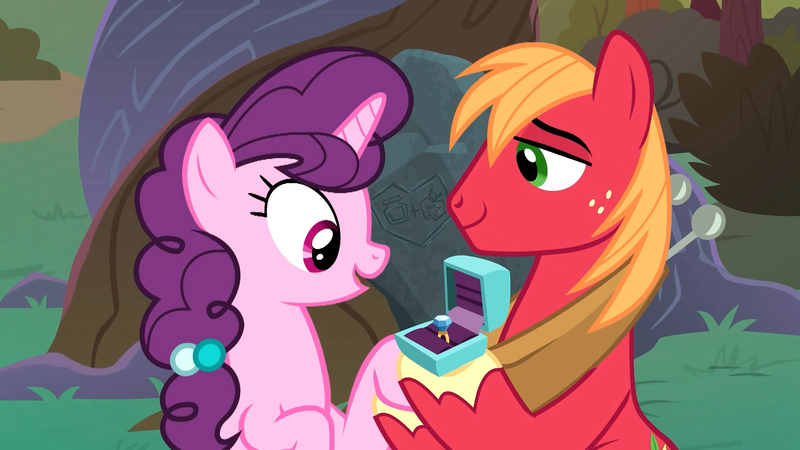 Size: 1920x1080 | Tagged: safe, derpibooru import, screencap, big macintosh, sugar belle, pony, the big mac question, cute, female, intertwined trees, jewelry, male, marriage proposal, ring, shipping, straight, sugarmac, tree, wedding ring