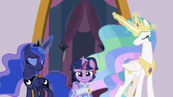 Size: 1500x843 | Tagged: safe, derpibooru import, screencap, princess celestia, princess luna, twilight sparkle, twilight sparkle (alicorn), alicorn, pony, the last problem, animated, big crown thingy 2.0, big crown thingy 3.0, crown, eyes closed, female, fusion, gif, glowing horn, horn, image, jewelry, mare, regalia, retirement, symbolism