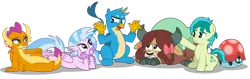 Size: 1592x502 | Tagged: safe, artist:aleximusprime, derpibooru import, gallus, ocellus, sandbar, silverstream, smolder, yona, changeling, dragon, earth pony, gryphon, hippogriff, pony, tortoise, yak, chill, comforting, cute, diaocelles, diastreamies, gallabetes, group, hiding, kids, sandabetes, scared, smolderbetes, species swap, student six, students, transformed, turtle shell, yonadorable, young