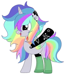 Size: 2224x2520 | Tagged: safe, artist:celestial-rue0w0, artist:lazuli, derpibooru import, oc, oc:pastel chole, unofficial characters only, alicorn, pony, alicorn oc, boots, clothes, commission, female, freckles, hair over one eye, heterochromia, horn, mare, markings, multicolored hair, open mouth, rainbow hair, raised hoof, shoes, simple background, solo, tattoo, transparent background, wings