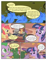 Size: 612x792 | Tagged: safe, artist:newbiespud, derpibooru import, edit, edited screencap, screencap, apple bloom, applejack, spike, twilight sparkle, dragon, earth pony, pony, unicorn, comic:friendship is dragons, bridle gossip, book, bow, comic, dialogue, female, filly, floppy horn, flower, golden oaks library, hair bow, hat, horn, male, mare, micro, poison joke, screencap comic, slit eyes, talking book, unicorn twilight