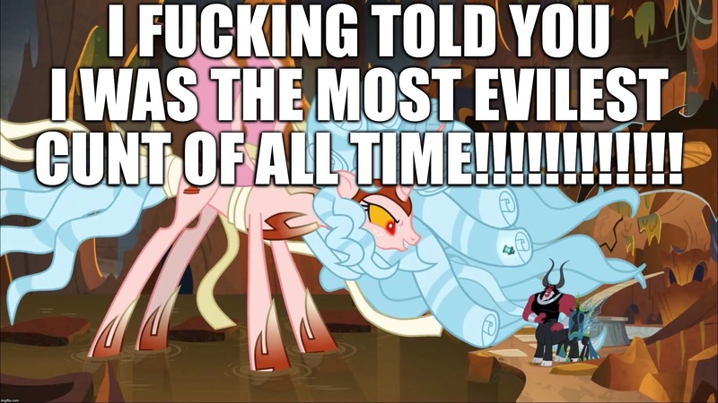 Size: 2048x1152 | Tagged: safe, derpibooru import, edit, edited screencap, screencap, cozy glow, lord tirek, queen chrysalis, alicorn, changeling, changeling queen, pony, the ending of the end, leak, alicornified, caption, chaos magic, cozycorn, excessive exclamation marks, female, giant demon alicorn cozy glow, giant pony, image macro, macro, most evilest cunt of all time, pure concentrated unfiltered evil of the utmost potency, pure unfiltered evil, race swap, real, text, vulgar