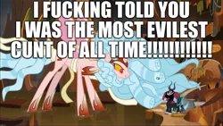 Size: 2048x1152 | Tagged: safe, derpibooru import, edit, edited screencap, screencap, cozy glow, lord tirek, queen chrysalis, alicorn, changeling, changeling queen, pony, the ending of the end, leak, alicornified, caption, chaos magic, cozycorn, excessive exclamation marks, female, giant demon alicorn cozy glow, giant pony, image macro, macro, most evilest cunt of all time, pure concentrated unfiltered evil of the utmost potency, pure unfiltered evil, race swap, real, text, vulgar
