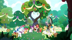 Size: 1433x802 | Tagged: safe, derpibooru import, screencap, apple bloom, apple rose, applejack, auntie applesauce, big macintosh, burnt oak, cup cake, discord, double diamond, goldie delicious, grand pear, granny smith, mayor mare, night glider, party favor, scootaloo, spike, sugar belle, sweetie belle, cat, draconequus, dragon, earth pony, pegasus, pony, unicorn, the big mac question, apple, cake, clothes, cutie mark crusaders, dress, female, food, heartwarming, intertwined trees, male, marriage, shipping, straight, sugarmac, sweet apple acres, tree, wedding, wedding dress, winged spike