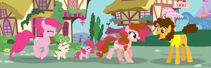 Size: 1280x413 | Tagged: safe, artist:wispyaxolotl, derpibooru import, cheese sandwich, pinkie pie, oc, oc:cream puff, oc:muffin, oc:soft serve, pony, baby, baby pony, base used, cheesepie, family, female, male, offspring, parent:cheese sandwich, parent:pinkie pie, parents:cheesepie, shipping, straight