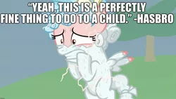 Size: 2048x1152 | Tagged: safe, derpibooru import, edit, edited screencap, screencap, cozy glow, pegasus, pony, the ending of the end, abuse, caption, child abuse, cozy glow drama, cozybuse, cropped, drama, fear, female, filly, hasbro, i have no mouth and i must scream, image macro, inanimate tf, leash, legion of doom statue, lucifer hasbro, mare, meta, petrification, sarcasm, series finale drama, solo, statue, terror, text, transformation, turned to stone, you know for kids