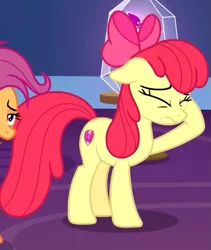 Size: 683x810 | Tagged: safe, derpibooru import, screencap, apple bloom, scootaloo, earth pony, pony, growing up is hard to do, cropped, cutie mark, eyes closed, female, mare, offscreen character, older, older apple bloom, older scootaloo, the cmc's cutie marks