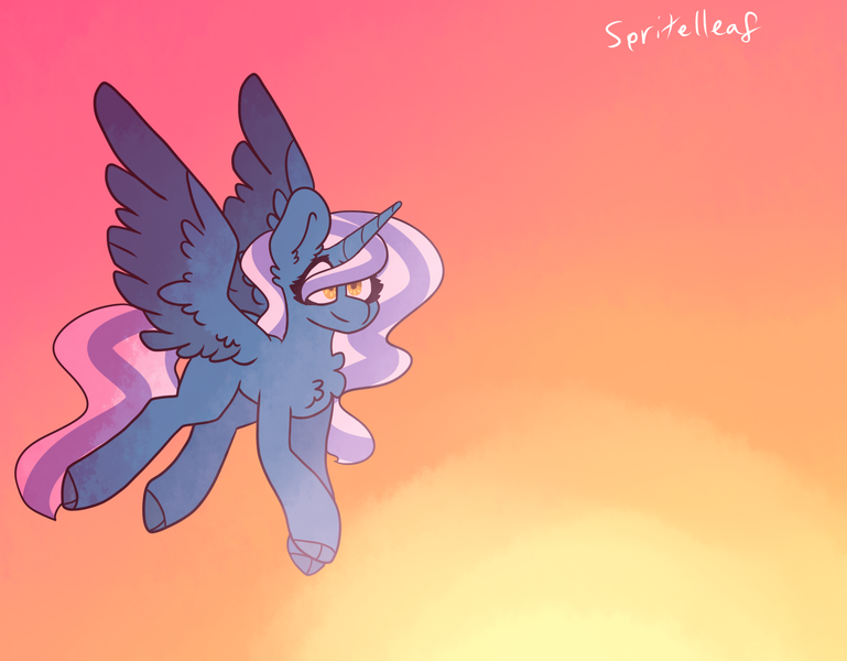 Size: 1824x1424 | Tagged: safe, artist:spritelleaf, derpibooru import, oc, oc:fleurbelle, alicorn, pony, alicorn oc, female, flying, horn, mare, smiling, sunset, wings, yellow eyes