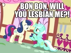 Size: 420x316 | Tagged: safe, derpibooru import, edit, edited screencap, screencap, bon bon, lyra heartstrings, sweetie drops, earth pony, pony, unicorn, the big mac question, background characters doing background things, background pony, box, canon, caption, confirmed, cropped, engagement, engagement ring, female, grammar error, image macro, impact font, intentional grammar error, it finally happened, it happened, jewelry, kneeling, lesbian, lyrabon, mare, marriage proposal, raised hoof, real, ring, shipping, text