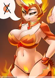 Size: 849x1200 | Tagged: alicorn, anthro, armor, armpits, artist:chrysalisdraws, belly button, big breasts, breasts, busty daybreaker, cleavage, clothes, crescent moon, daybreaker, derpibooru import, female, fire, firecrotch, floating wings, gloves, helmet, looking at you, mane of fire, mare, moon, panties, patreon, patreon logo, pictogram, pubic fluff, solo, solo female, suggestive, thong, unconvincing armor, underwear, wings