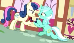 Size: 357x205 | Tagged: safe, derpibooru import, screencap, bon bon, lyra heartstrings, sweetie drops, earth pony, pony, unicorn, the big mac question, background characters doing background things, background pony, canon ship, duo, engagement ring, female, it finally happened, it happened, jewelry, lesbian, lyrabon, marriage proposal, ring, shipping, smiling, wedding ring